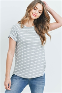 S10-3-4-PPT2123-HGIV - BOAT NECK ROUND HEM TUNIC STRIPES TOP- HEATHER GREY/IVORY 1-2-2-2