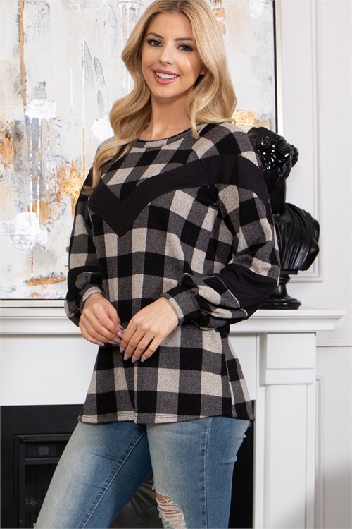 S7-3-4-PPT21233-OTMBKBK - CHEVRON DETAIL PLAID PUFF SLEEVE TOP- OATMEAL/BLACK-BLACK 1-2-2-2