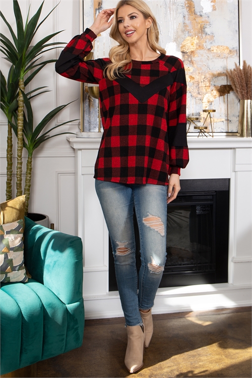 S15-11-2-PPT21233-RDCMBBK-1 - CHEVRON DETAIL PLAID PUFF SLEEVE TOP- RED COMBO-BLACK 2-1-2-0