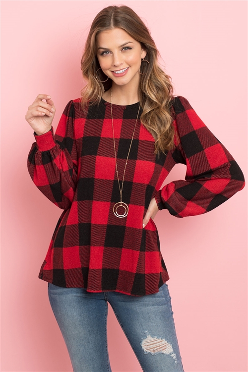 S12-9-4-PPT2124-BKRD - PLAID LONG SLEEVES ROUND NECK SWEATER- BLACK/RED 1-2-2-2