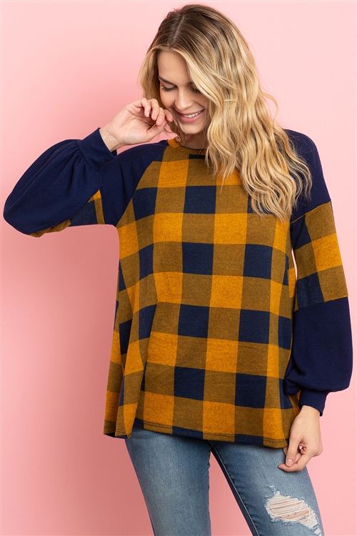 S10-7-2-PPT2126-MUNV - SOLID CONTRAST PUFF SLEEVES PLAID TOP- MUSTARD/NAVY 1-2-2-2