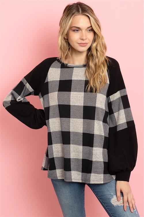 S10-10-2-PPT2126-OTMBK - SOLID CONTRAST PUFF SLEEVES PLAID TOP- OATMEAL/BLACK 1-2-2-2