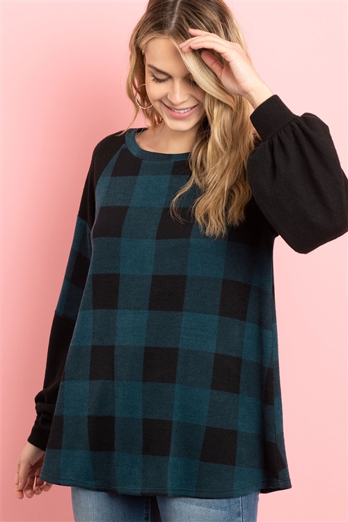 S10-10-1-PPT2126-TLBK - SOLID CONTRAST PUFF SLEEVES PLAID TOP- TEAL/BLACK 1-2-2-2