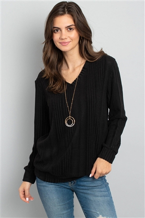 S14-8-2-PPT2127-BK-1 - RIB DETAIL V-NECK LONG SLEEVES SWEATER- BLACK 1-4-0-1