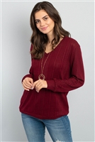 S15-6-1-PPT2127-BU-1 - RIB DETAIL V-NECK LONG SLEEVES SWEATER- BURGUNDY 2-0-0-0