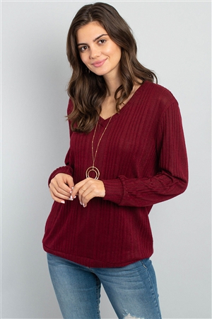 S15-6-1-PPT2127-BU-1 - RIB DETAIL V-NECK LONG SLEEVES SWEATER- BURGUNDY 2-0-0-0