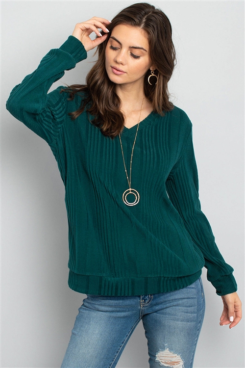 S14-8-2-PPT2127-GNSLD-1 - RIB DETAIL V-NECK LONG SLEEVES SWEATER- GREEN SOLID 0-0-1-2