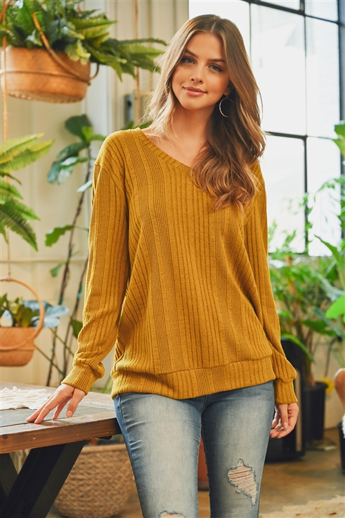 S14-8-2-PPT2127-MU-1 - RIB DETAIL V-NECK LONG SLEEVES SWEATER- MUSTARD 0-0-2-2