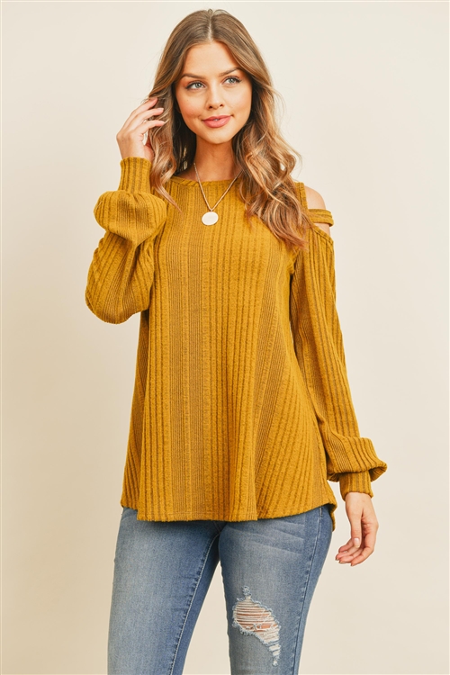 S4-10-4-PPT2128-MU - LADDER OPEN SHOULDER LONG SLEEVED RIB DETAIL TOP- MUSTARD 1-2-2-2