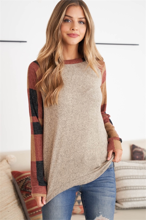 S14-5-1-PPT2131-CCTPBK - PLAID SLEEVES TWO TONED RAGLAN TOP- COCO/TAUPE-BLACK 1-2-2-2