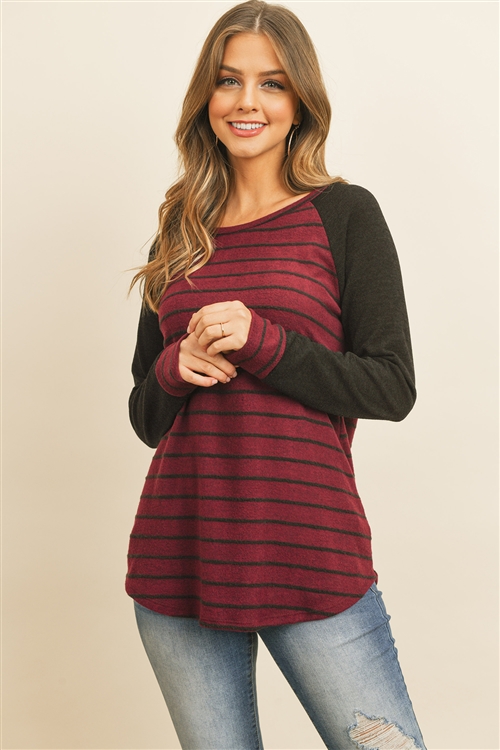 S16-12-1-PPT2133-BUBK-1 - BRUSHED HACCI LONG SLEEEVES STRIPES RAGLAN TOP- BURGUNDY/BLACK 0-2-1-2