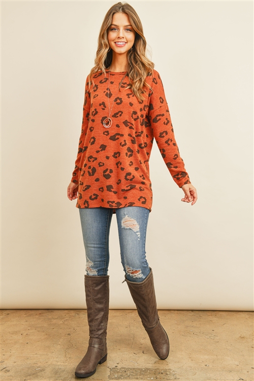 S14-10-3-PPT2134-CHLNRST - ANIMAL PRINT LONG SLEEVES TOP- CHARCOAL/NEW RUST 0-2-3-2