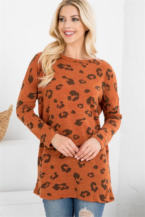 S12-9-1-PPT2134-CHLNRST - ANIMAL PRINT LONG SLEEVES TOP- CHARCOAL/NEW RUST 0-1-3-2