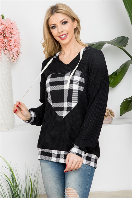 S15-6-1-PPT21341-BKBKOFW - HEART-SHAPED PLAID DETAIL RIB HOODIE TOP- BLACK-BLACK/OFF WHITE 1-2-2-2 (NOW $8.75 ONLY!)