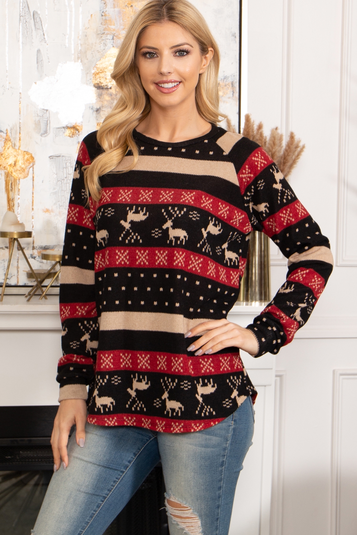 SA4-5-2-PPT21346-RD - MOOSE PRINTED LONG SLEEVE TOP- RED 1-2-2-2 (NOW $7.75 ONLY!)