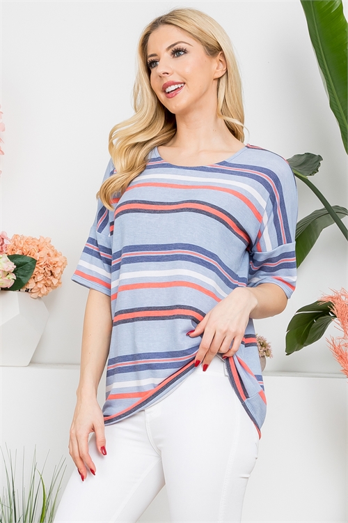 S16-10-3-PPT21349-LTBLCRL - MULTI STRIPES BELL SLEEVE TOP- LIGHT BLUE/CORAL 1-2-2-2 (NOW $3.00 ONLY!)