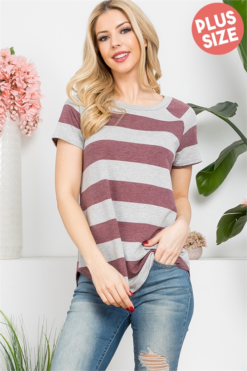 S13-9-3-PPT21350X-BUGY - PLUS SIZE SHORT SLEEVE FRENCH TERRY STRIPE TOP- BURGUNDY/GREY 3-2-1