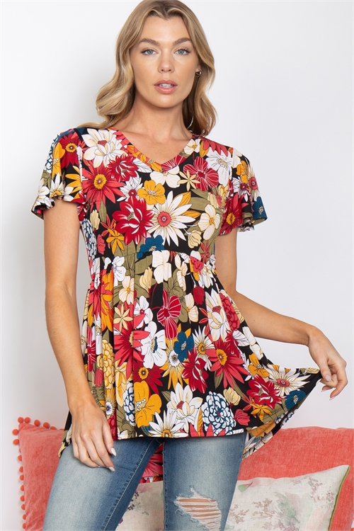 SA4-0-4-PPT21352-BKRDOV-1 - V-NECK BUTTERFLY SLEEVE FLORAL TOP- BLACK/RED/OLIVE 1-2-1-2