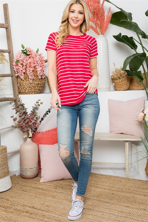 S10-11-1-PPT21355-CRLIV - SHORT SLEEVE STRIPES ROUND NECK TOP- CORAL/IVORY 1-2-2-2 (NOW $4.75 ONLY!)