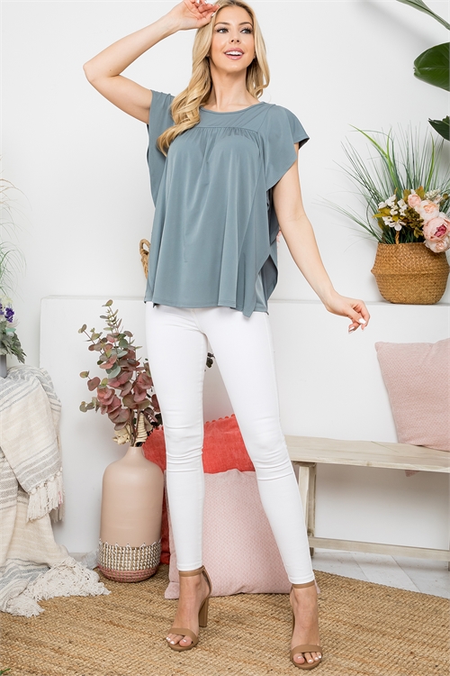 S4-1-3-PPT21359-GY - RUFFLE DETAIL SHORT SLEEVE TOP- GREY 1-2-2-2