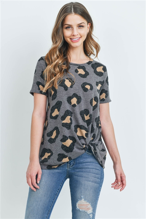 S10-13-3-PPT2136-GY-2 - LEOPARD PRINT SHORT SLEEVES KNOT TOP- GREY 0-1-2-2