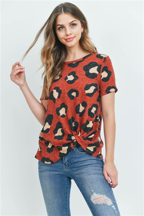 S8-6-3-PPT2136-RST - LEOPARD PRINT SHORT SLEEVES KNOT TOP- RUST 1-2-2-2