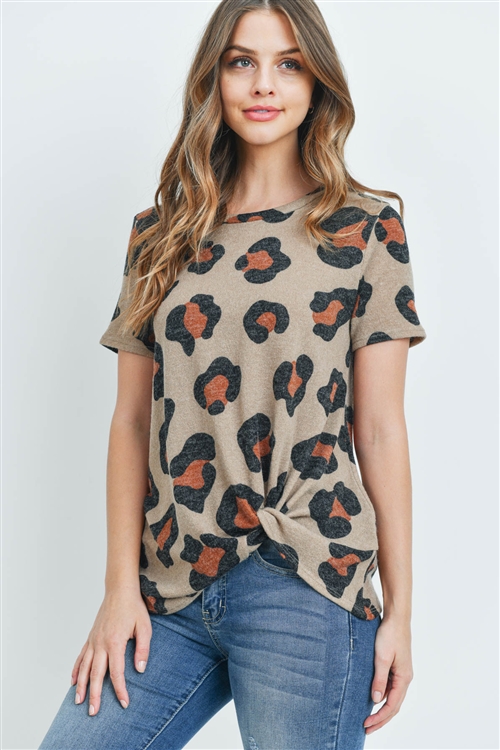 S10-5-2-PPT2136-TP - LEOPARD PRINT SHORT SLEEVES KNOT TOP- TAUPE 1-2-2-2