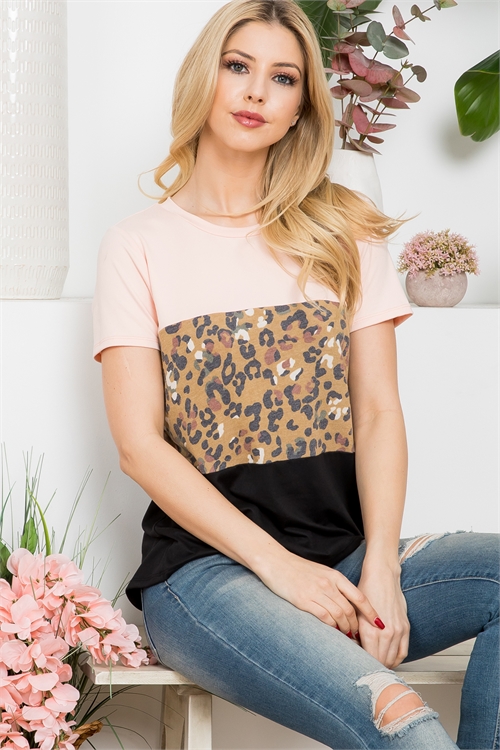 S6-10-3-PPT21369-NDMU-1 - SHORT SLEEVE LEOPARD COLOR BLOCK TOP- NUDE-MUSTARD-BLACK 0-1-2-3