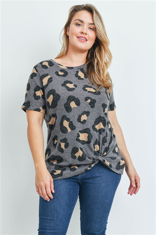 S15-9-3-PPT2136X-GY-1 - PLUS SIZE LEOPARD PRINT SHORT SLEEVES KNOT TOP- GREY 2-2-1