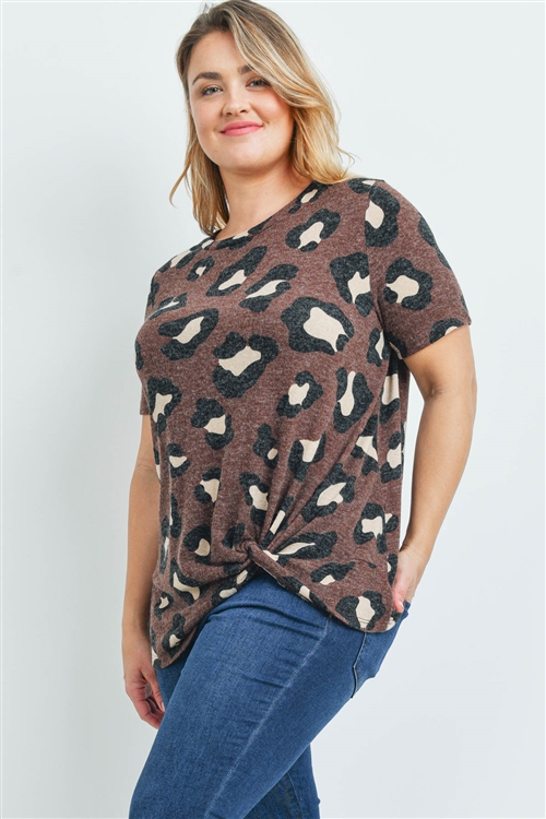 S9-2-3-PPT2136X-MC - PLUS SIZE LEOPARD PRINT SHORT SLEEVES KNOT TOP- MOCHA 3-2-1