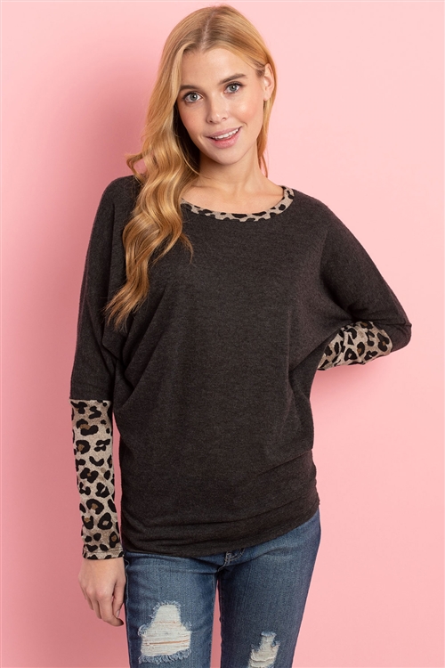 S9-1-4-PPT2137-2TCHLTP-1 - LEOPARD CONTRAST DOLMAN SLEEVES TOP- 2TONE CHARCOAL/TAUPE 1-1-2-1