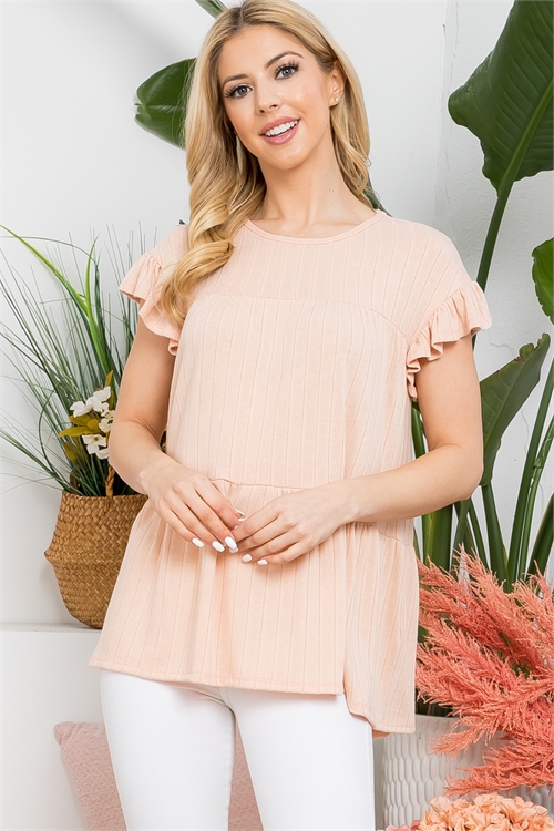 S6-9-2-PPT21371-CRMTN-1 - RUFFLE CAP SLEEVE BAND RIB TOP- CREAM TAN 2-0-0-0