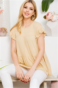 S11-20-4-PPT21371-YLWBN - RUFFLE CAP SLEEVE BAND RIB TOP- YELLOW BEAN 1-2-2-2