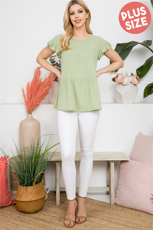 S11-15-3-PPT21371X-LMGN - PLUS SIZE RUFFLE CAP SLEEVE BAND RIB TOP- LIME GREEN 3-2-1