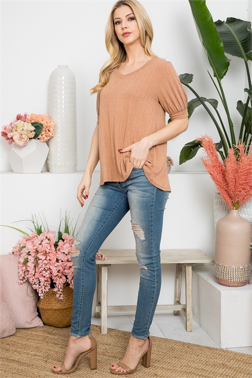 S13-1-1-PPT21372-CML - PUFF SLEEVE V-NECK BAND RIB TOP- CAMEL 1-2-2-2