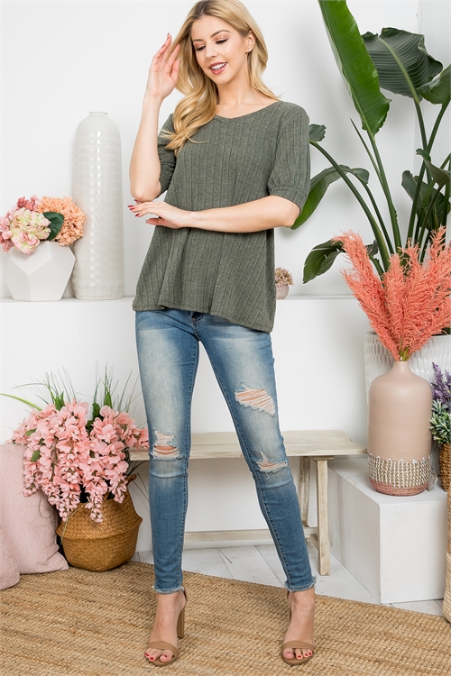 S12-2-1-PPT21372-OV - PUFF SLEEVE V-NECK BAND RIB TOP- OLIVE 1-2-2-2