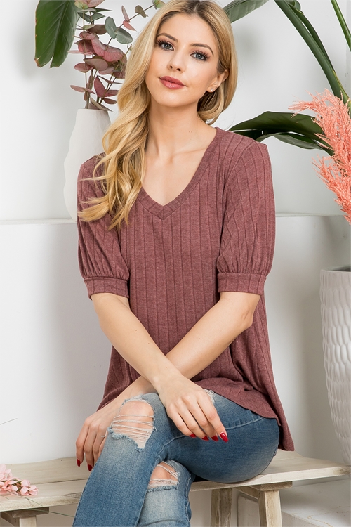 S4-3-3-PPT21372-WN - PUFF SLEEVE V-NECK BAND RIB TOP- WINE 1-2-2-2
