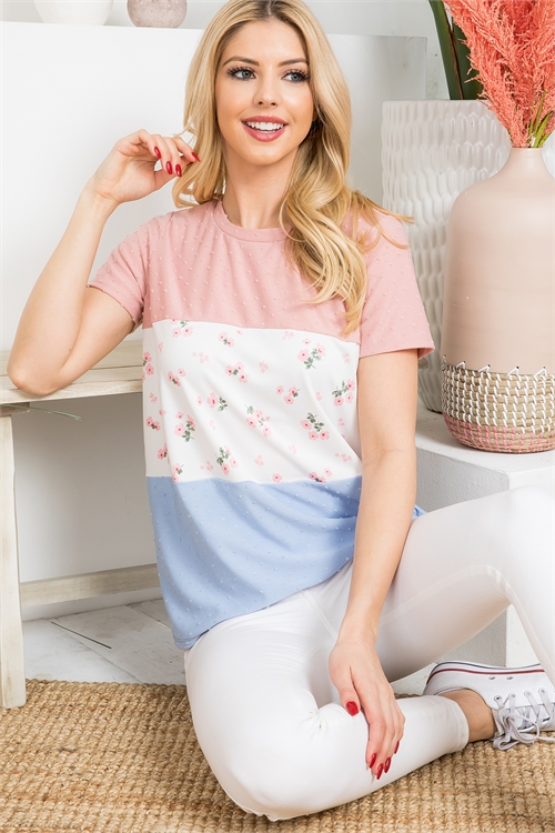 S9-1-2-PPT21375-BLSLTIVBLLT - SWISS DOT COLOR BLOCK FLORAL TOP- BLUSH LIGHT-IVORY-BLUE LIGHT 1-2-2-2