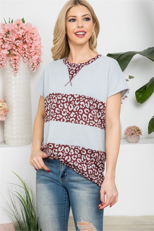 S12-8-1-PPT21379-SLVDKMV - LEOPARD CONTRAST SHORT SLEEVE RIB TOP- SILVER-DARK MAUVE 1-2-2-2 (NOW $3.50 ONLY!)