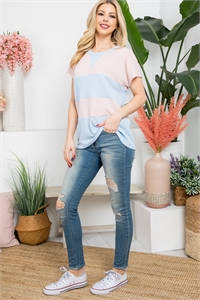 S14-1-2-PPT21380-PLRSSYBL - DOLMAN SHORT SLEEVE COLOR BLOCK HACCI TOP- PALE ROSE-SKY BLUE 1-2-2-2 (NOW $5.75 ONLY!)