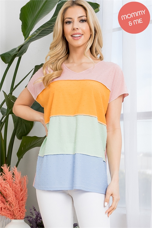 S9-20-4-PPT21395-BLSLT-1 - SWISS DOT COLOR BLOCK OUTSEAM OVERLOCK TOP- BLUSH LIGHT-ORANGE-SAGE LIGHT-BLUE LIGHT 1-0-1-1