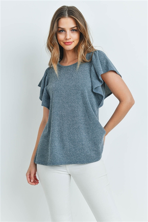 S15-9-1-PPT2140-IDG-1 - RIB DETAIL ROUND NECK FLUTTER SLEEVE TOP- INDIGO 0-2-2-2