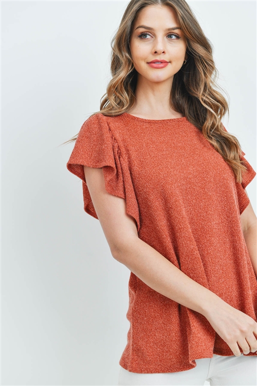 S10-14-3-PPT2140-RST - RIB DETAIL ROUND NECK FLUTTER SLEEVE TOP- RUST 1-2-2-2