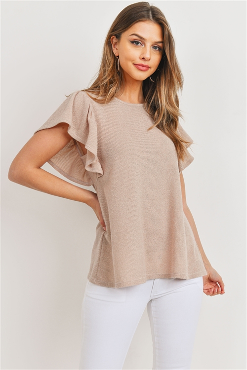 S10-13-2-PPT2140-TP - RIB DETAIL ROUND NECK FLUTTER SLEEVE TOP- TAUPE 1-2-2-2