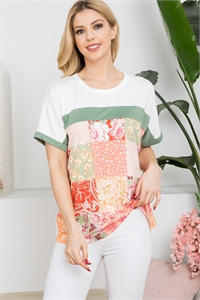 S13-1-4-PPT21401-IVMLTGN - SHORT SLEEVE FLORAL PATCHES TOP- IVORY-MILITARY GREEN-SAGE CORAL 1-2-2-2