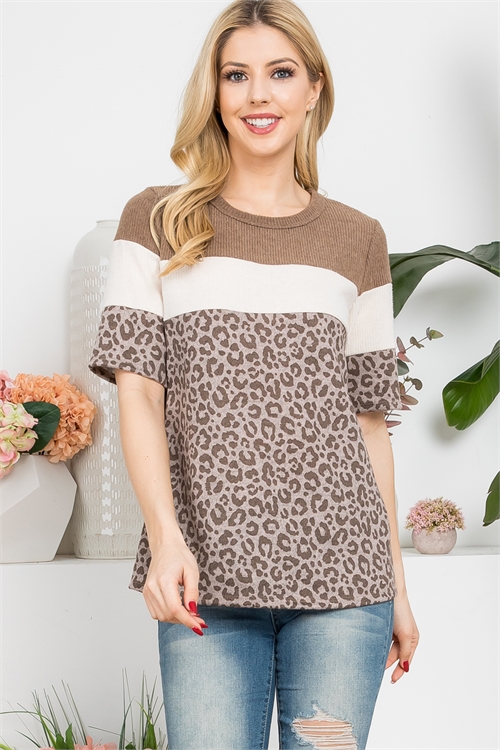 SA4-0-4-PPT21402-MC-1 - HALF SLEEVE BELLA RIB CONTRAST LEOPARD TOP- MOCHA/BROWN-MOCHA-CREAM 0-2-1-2