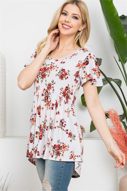 SA4-0-4-PPT21405-IV-1 - V-NECK BUTTERFLY SLEEVE FLORAL EMPIRE WAIST TOP- IVORY 1-3-2-0