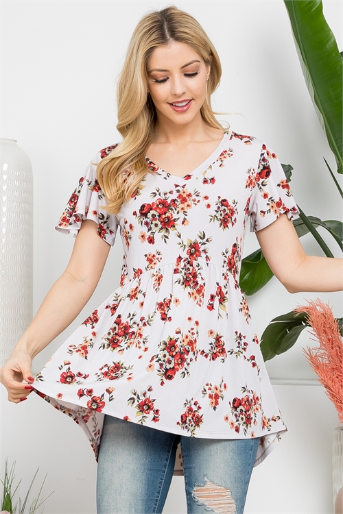 S10-9-4-PPT21405-IV - V-NECK BUTTERFLY SLEEVE FLORAL EMPIRE WAIST TOP- IVORY 1-2-2-2 (NOW $4.75 ONLY!)