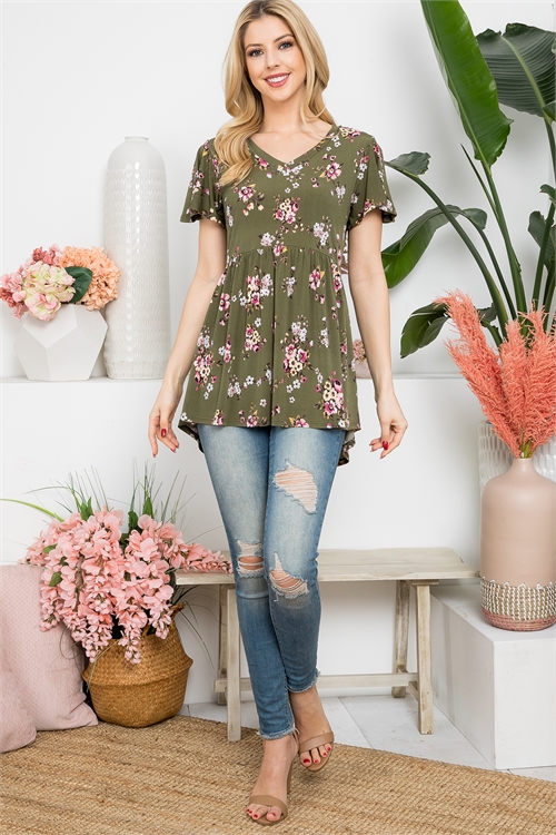 SA4-0-4-PPT21405-OV-1 - V-NECK BUTTERFLY SLEEVE FLORAL EMPIRE WAIST TOP- OLIVE 3-3-3-0