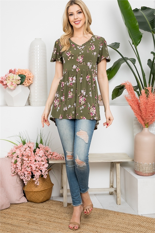 S7-7-4-PPT21405-OV - V-NECK BUTTERFLY SLEEVE FLORAL EMPIRE WAIST TOP- OLIVE 1-2-2-2 (NOW $4.75 ONLY!)